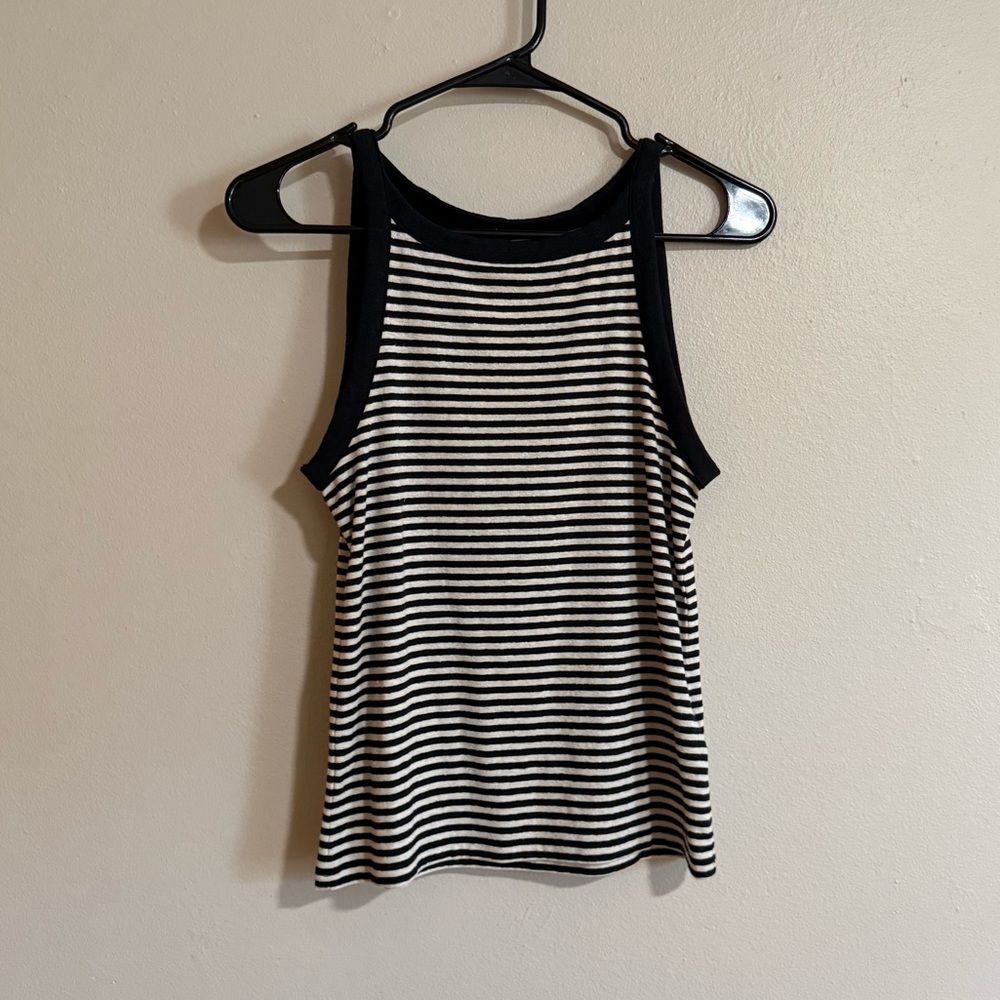 J. Crew High-Neck Tank Top in Striped Stretch Linen Blend Size Medium